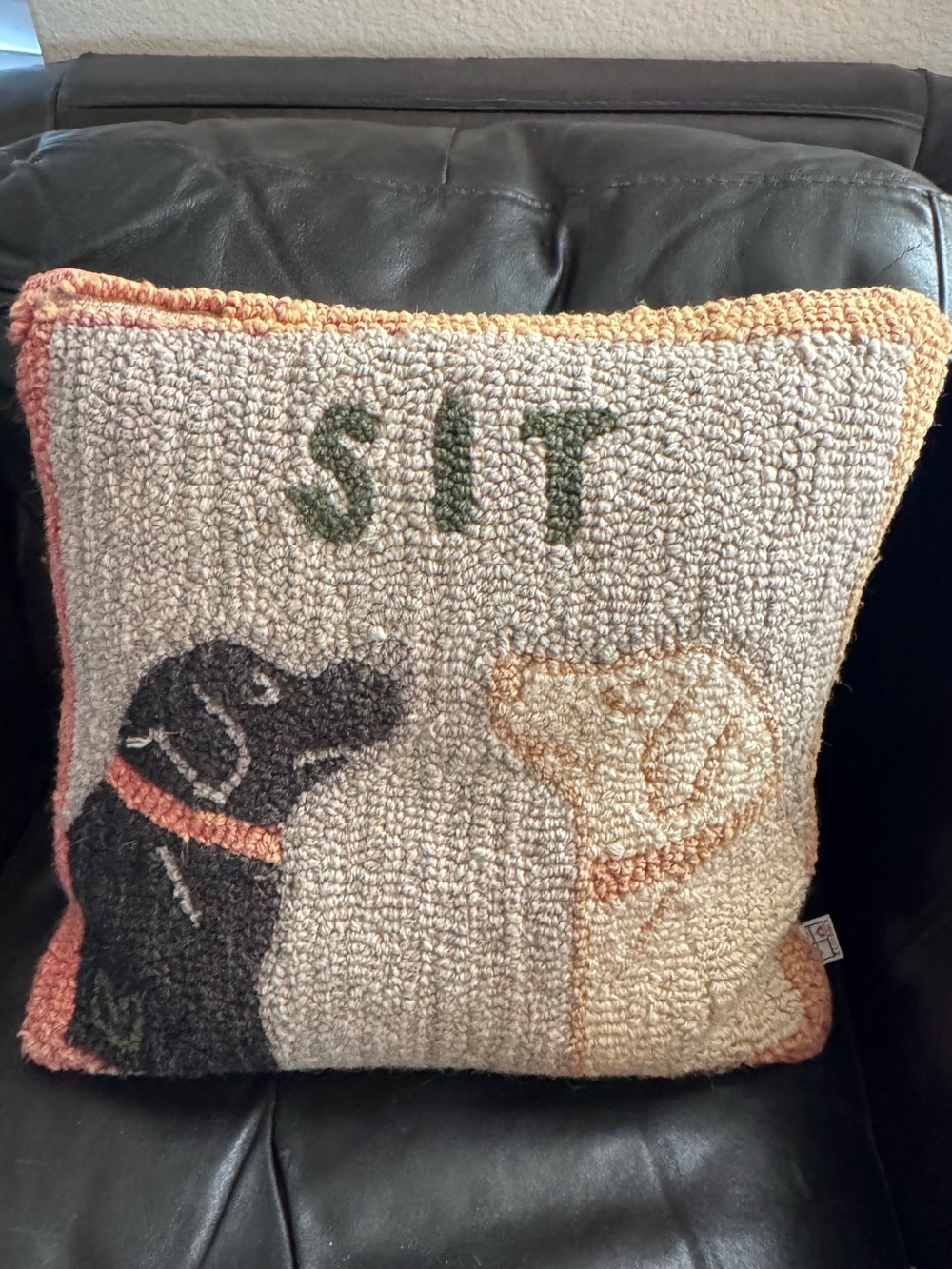 Decorative Dog 'SIT' Hooked Pillow 4 Corners Beige Black & White LABS High End